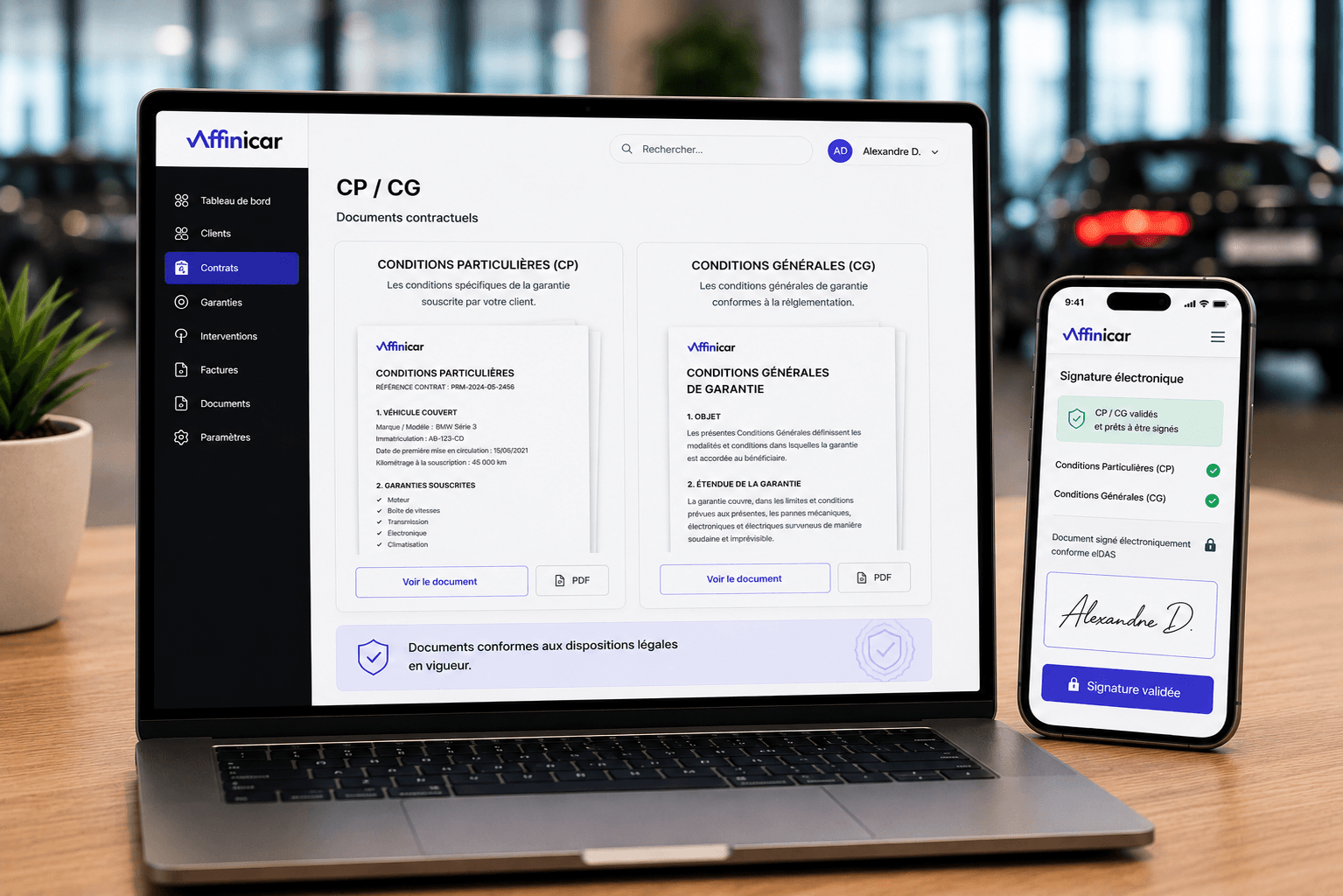 Plateforme Affinicar — espace contractuel avec conditions particulières et générales, signature électronique sur mobile