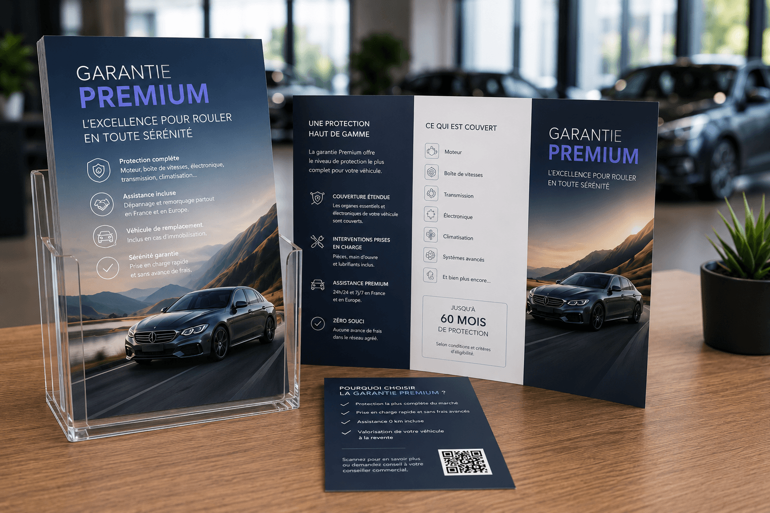 Kit PLV Affinicar — leaflet et brochures Garantie Premium posés dans un showroom