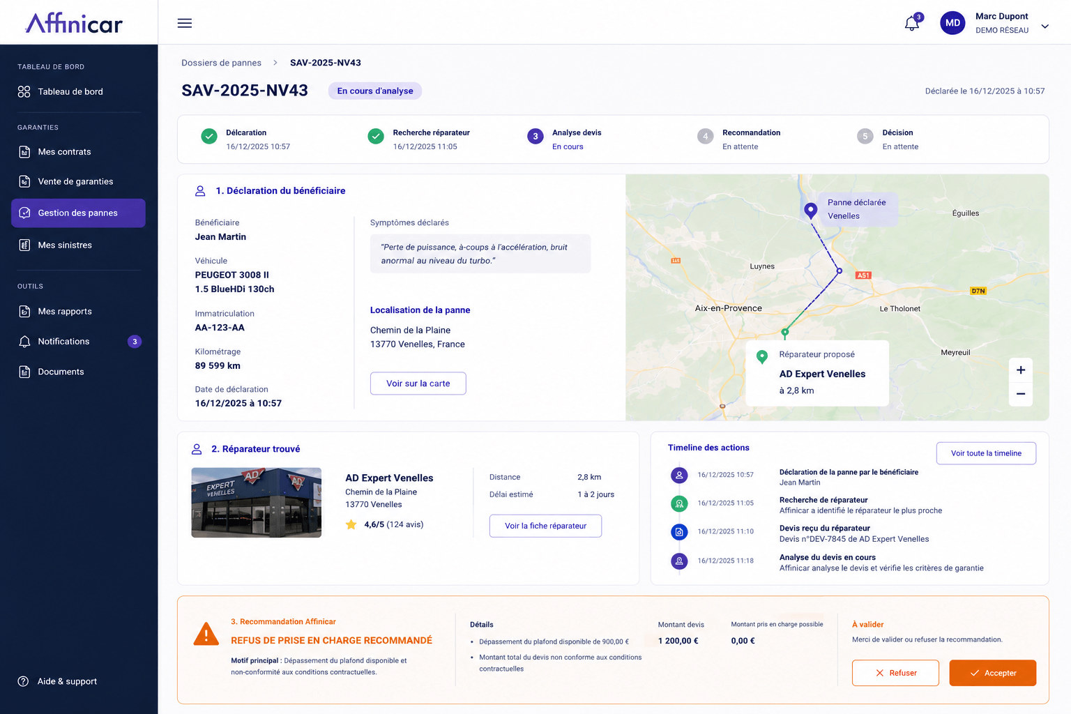 Plateforme Affinicar — dossier panne SAV-2025-NV43 avec timeline, devis, carte du réparateur et recommandation Affinicar