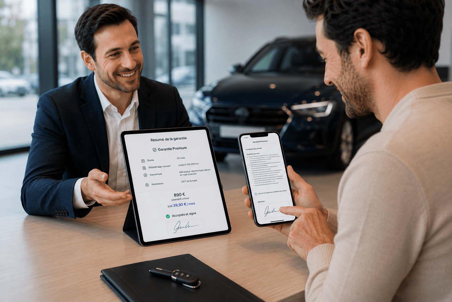 Un vendeur présente une garantie 890 € sur tablette, le client signe sur son smartphone
