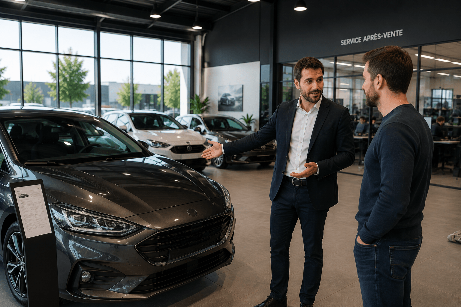 Négociant VO concentré sur la vente dans son showroom — Affinicar gère le SAV en coulisses.